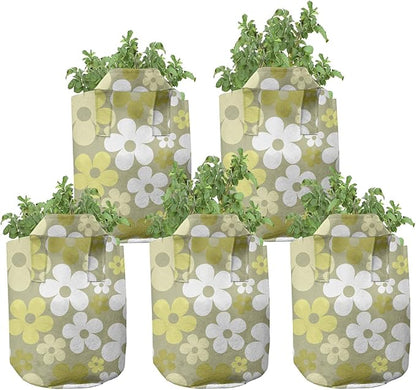 Ambesonne Grey Yellow Grow Bags 5-Pack, Basic Abstract Flowers, Heavyduty Fabric Pots with Handles for Plants, Yellow Khaki