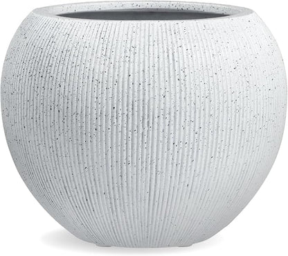 9.7" H x 12" D Ribbed Globo Fiberstone Round Planter with Drainage Hole, Weather Resistant for Indoor and Outdoor Use, Included 2 Extra Coco Mats (Speckled White, 7.8" Pot Opening)