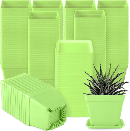 Amyhill 4 Inch Flower Pots Square Plants Nursery Pot Plastic Plant Seedling Pots Nursery Transplanting Planter Container with Saucer for Indoor Herbs Succulent Balcony Garden(Green,100 Pcs)
