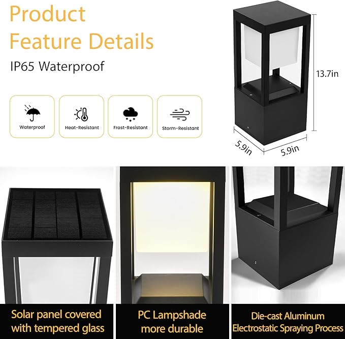 Solar Bollard Lights Outdoor, Premium Modern Led Landscape Pathway Lights Waterpoorf, Path Lighting for Garden Yard Walkway, 3CCT Seturable, Dusk to Dawn, Auto On/Off (4 Pack)