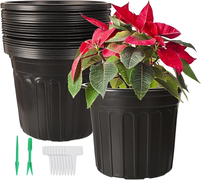 24 Pack 2 Gallon Nursery Pots, Thickened Soft Black Plastic Plant Pots with 24Pcs Waterproof Plastic T-Type Plant Tags and 2Pcs/Set Transplanting Digging Mini Tools
