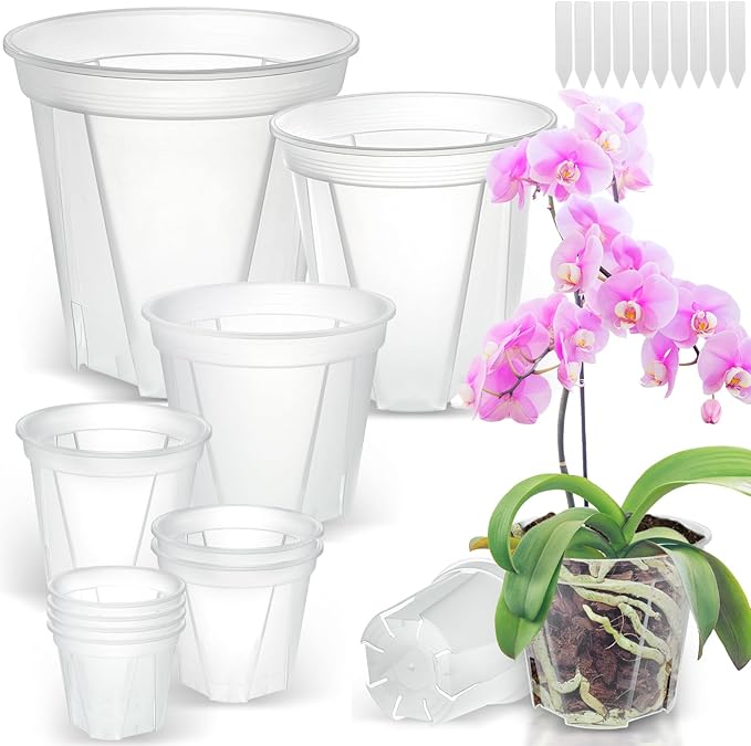 Clear Nursery Pots with Drainage, 10 Pack Transparent Plastic Orchid Planters, 6 Sizes Plant Pots 9.5/8.5/7/6/4.7/4 Inch with 10 Plant Labels for Seedlings, Succulents, Indoor/Outdoor Repotting