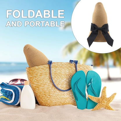 DRESHOW Sun Hats for Women Travel Fedora Foldable Beach Sun Hat Summer Wide Brim Straw Bucket Hat with Bowknot UPF 50+