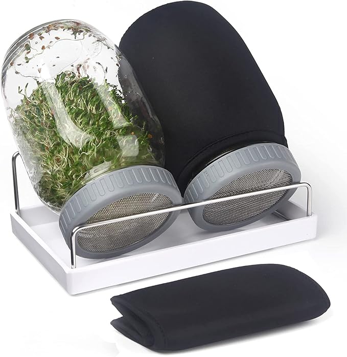 Complete Sprouting Jar Kit| 2 Wide Mouth Mason Jars, 316 Screen Sprout Lids, Blackout Sleeves, Tray, Stand| Sprouter Set for Growing Broccoli, Alfalfa and More-Seeds not Included
