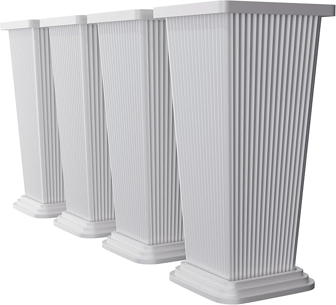 Set of 4 24" Tall Plastic Planters with Trays, Large Tapered Plant Pots for Indoor Outdoor Use, Modern Decorative Planters for Porch, Patio, Garden, and Backyard