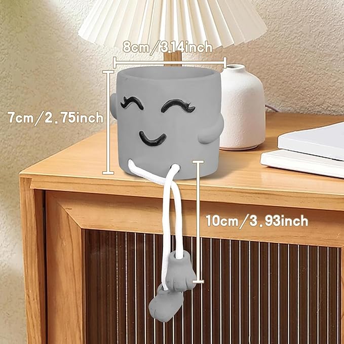 Uguisu 1 Piece Gray Cute Smiley Cement Planter, Small Plant Pot, Indoor Succulent Pot, Fun Planter with Hanging Feet for Living Room, Office, Desk and Bathroom Shelf Decor (Plants Not Included).