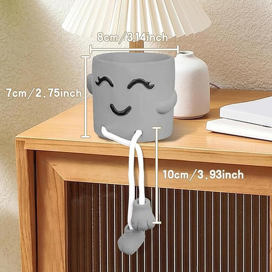 Uguisu 1 Piece Gray Cute Smiley Cement Planter, Small Plant Pot, Indoor Succulent Pot, Fun Planter with Hanging Feet for Living Room, Office, Desk and Bathroom Shelf Decor (Plants Not Included).