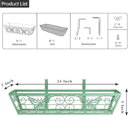 2 Pack 24 Inch Window Boxes Planters Railing Planter Box with Adjustable Brackets for Porch Fence Patio Balcony Hanging Flower Baskets with Woven Fabric for Outdoor Garden Decor - Green