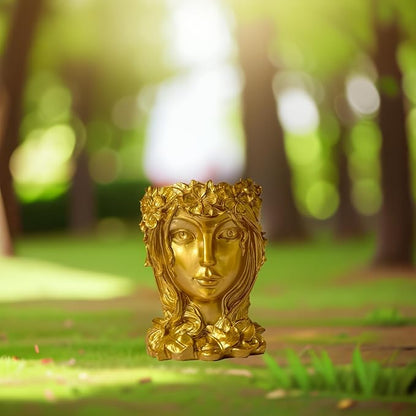 Face Flower Pot Head Planter with Drainage Hole - Cute Resin Goddess Face Planter for Indoor & Outdoor Use (Goddess Golden, Large)