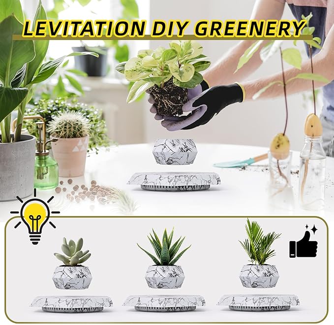 Levitating Plant Pot, Magnetic Levitation Flower Pot Suspension Floating Plant Succulents, Air Bonsai Potted Plant for Home Decoration, Living Room, Office, Desk (Marble)