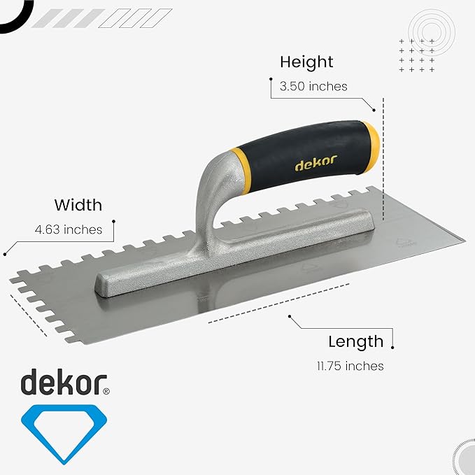 DEKOR Notched Trowel - 18" x 4.75" - Square Notch 5/16" - German Stainless Steel - Tile Tools, Concrete and Drywall Trowel, Made in Europe for DIY & PRofessional Use (Aluminum Handle)