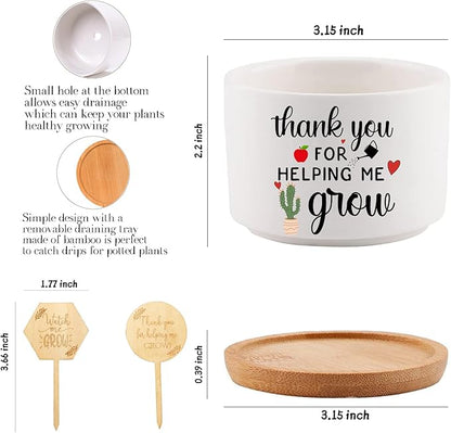Teacher Appreciation Gifts for Women Bulk 6 Pieces Succulent Pots, 3.15 Inch Ceramic Small Plant Pots with Drainage and Bamboo Tray, Funny Christmas Birthday Retirement Thanksgiving Gifts for Teachers