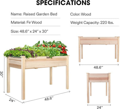 VIVOSUN Elevated Wooden Raised Garden Bed, 48 x 24 x 30 Inches, Outdoor Wood Planter Box w Bed Liner and Gloves for Garden, Patio, Balcony, Backyard and Outdoors, 220-Pound Capacity