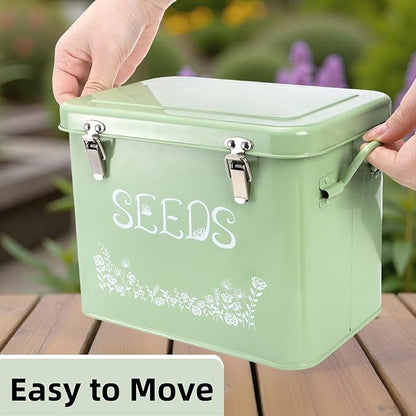 Seed Storage Organizer, Metal Seed Saving Box with Garden String and 10 Wood Plant Labels, 3 Compartment Seed Container Bin with Lid and Safety Locks, Perfect for Flower Plants Garden Lover