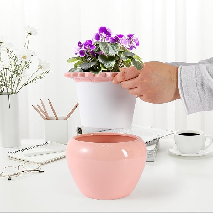 2pcs 6.5inch Design Self Watering Pot for Indoor Plants Pink Indoor Plants Herbaceous Plants Flowers White Terracotta Pots African Violet Pot for Plant Enthusiasts Orchid Planter