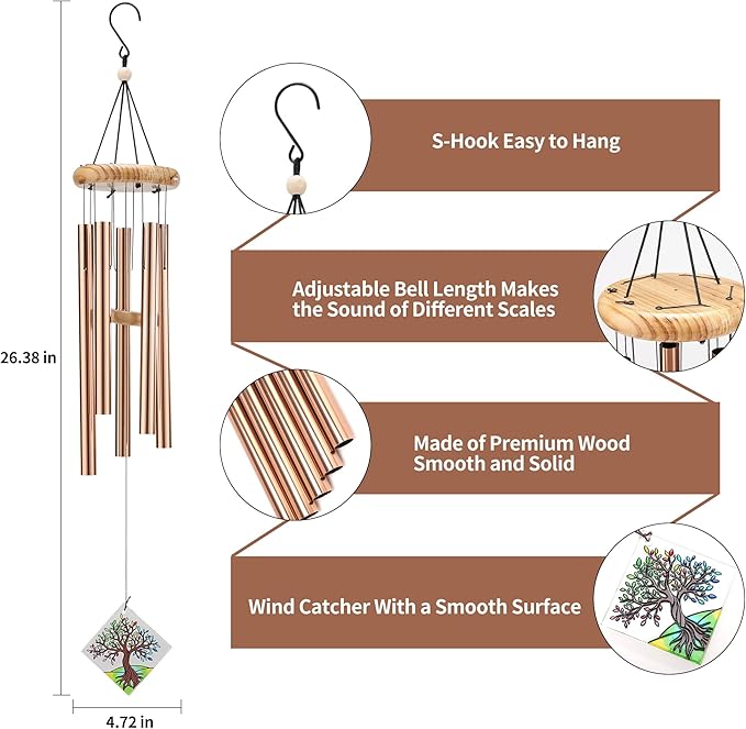 Deep Tone Wind Chimes for Outdoor - Handcrafted Copper Pipe Wind Chime with Tree of Life Pendant, Melodic Garden & Patio Decor (Ideal Gift for Mother, Grandmother, Housewarming) (Style 1)