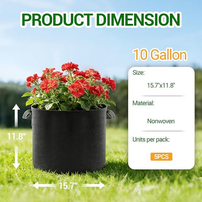 5-Pack 10 Gallon Grow Bags, Thickened Aeration Fabric Pots with Handles, Heavy Duty Plant Bags for Vegetables, Tomatoes, Potatoes, Fruits & Flowers, Reusable Garden Pots for Plants