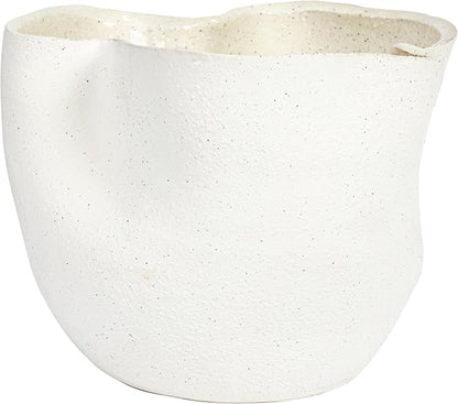 Bloomingville 7.25 Inches Stoneware Ruffled Planter with Sand Finish and Reactive Glaze, Holds 4 Inches Pot, White