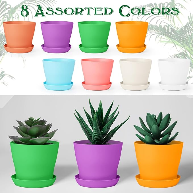 Aodaer 16 Pack 4 Inch Plastic Planters with Multiple Drainage Holes and Tray Indoor Outdoor Flower Plant Nursery Pots with Labels Flower Seedling Pots for Herb Garden Home Succulents, Assorted Colors