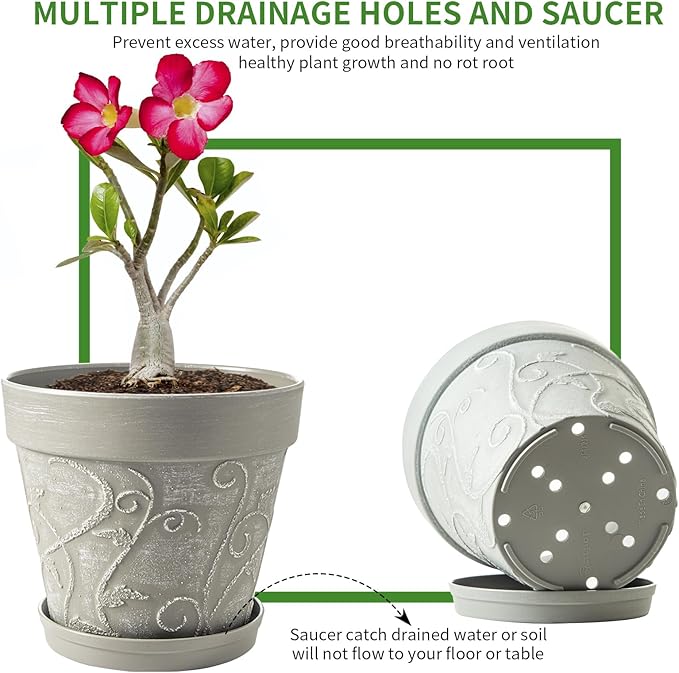 Melphoe Plant Pots Indoor with Drainage & Saucer, 2Pack 10 inch Flower Pots Outdoor Planters for Indoor Plants Garden Home Decor Cactus Succulent, Rigid Plastic (Imitation-Terracotta) Vine-Embossed