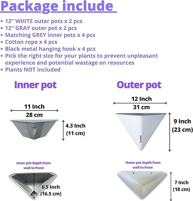 LaLaGreen Wall Planters - 4 Pack, 12 Inch Large Self Watering White and Gray Mixed Color Geometric Indoor Vertical Garden Plant Wall Hanging Flower Vase Vessel with Black Metal Hanger Modern Stylish