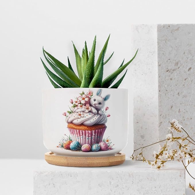 DreamAutumn Easter Cupcake Dessert Planter Ceramic Round Plant Pots with Drainage Holes and Bamboo Tray Planting Small Flower Pots for Home Windowsill Desk Garden Indoor Outdoor Use