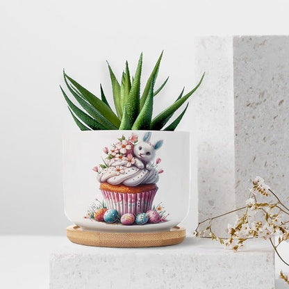 DreamAutumn Easter Cupcake Dessert Planter Ceramic Round Plant Pots with Drainage Holes and Bamboo Tray Planting Small Flower Pots for Home Windowsill Desk Garden Indoor Outdoor Use