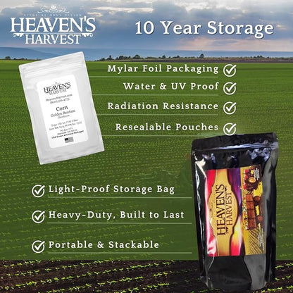 Heaven's Harvest Survival Seed Bank Kit (+Free Bonus eBook!) — 5 Year Supply of Non-GMO Heirloom Vegetable Seeds for Planting a 1+ Acre Garden Outdoors. Resealable Mylar Bags for 100% Secure Storage.