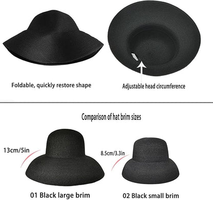 Wide-Brim Classic Elegant Style Foldable Straw Hat Women's Retro UV Resistant Sun Hats for Outdoor, Beach and Travel