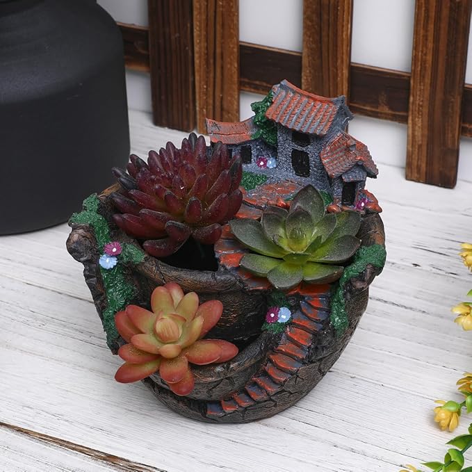 OUNONA Fairy Garden Planter Creative Flower Pot Holders with Hanging Garden Design Micro Landscape Succulent Plants for Indoor and Outdoor Plant Decor 3-Pot Planter with Sweet House for Desk Balcony