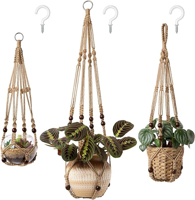 Mkono 4 Pack Macrame Plant Hangers Indoor Different Size Hanging Planter Basket Flower Pot Holder with Beads No Tassels 35"/29"/23", Brown