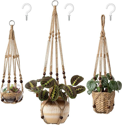 Mkono 4 Pack Macrame Plant Hangers Indoor Different Size Hanging Planter Basket Flower Pot Holder with Beads No Tassels 35"/29"/23", Brown