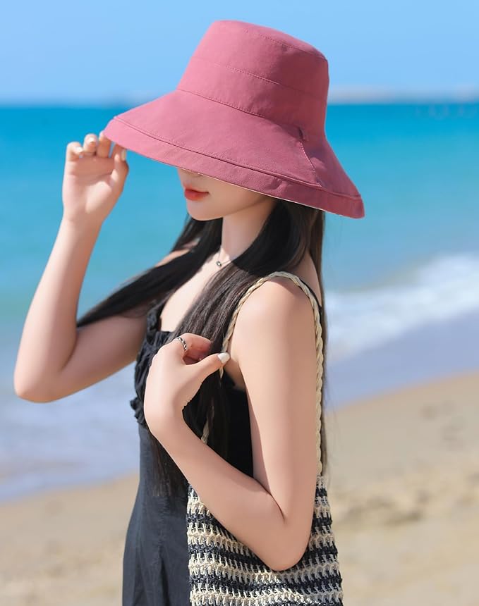 Wide Brim Women Sun Hat Summer Beach Bucket Fishing Hats Metal Wired Edge Packable UV Protection for Hiking Garden Travel