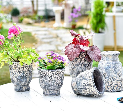 Sungmor 6.1 Inch Cement Plant Pot for Plants, Succulent Planter with Embossed Design, Vintage Concrete Flowerpots with Drainage Hole, Decorative Orchid Houseplant Pot Indoor Outdoor Plant Container