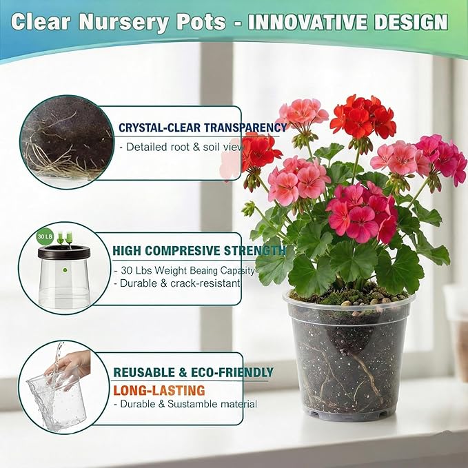 6/7.5/8/10 Inch Large Clear Nursery Pots with Drainage, 12 Pack Thick Reusable Multi-Size Plastic Planters, Deep Nursery Pots for Healthy Roots, Ideal Containers for Indoor Outdoor Plants