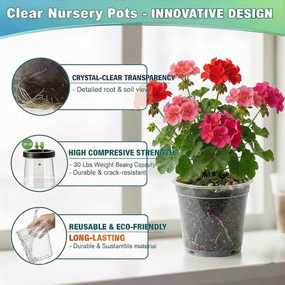 6/7.5/8/10 Inch Large Clear Nursery Pots with Drainage, 12 Pack Thick Reusable Multi-Size Plastic Planters, Deep Nursery Pots for Healthy Roots, Ideal Containers for Indoor Outdoor Plants