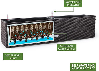 Dexceder 31.5 Inch Rattan Self Watering Planter Indoor Outdoor, Thickened Large Rail Flower Plant Pot Window Box with Water Level Indicators (Brown)
