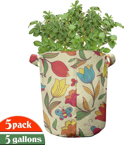 Ambesonne Butterfly Grow Bags 5-Pack, Abstract Exotic Wings, Heavyduty Fabric Pots with Handles for Plants, Pink