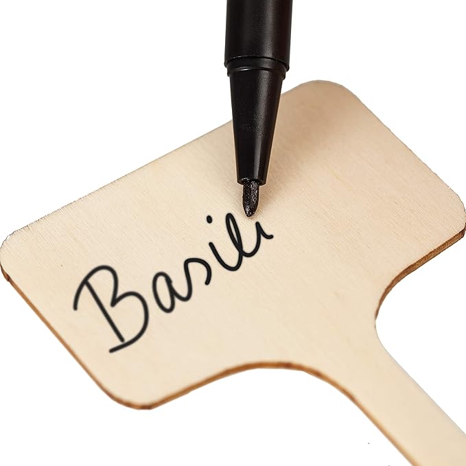 OwnGrown Wooden Plant Tags - 60 Labels and Marker Pen - Wooden Garden Sign for Identification - Seedling Tags for Gardening, Garden Stakes for Potted Plants, Herbs, Vegetables - 4"x2.4"