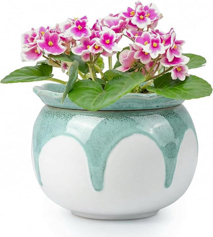 African Violet Pots, 6 Inch Self Watering Pots for Indoor Plants, Easy Plant Self Watering Planter, Ceramic Plant Pot with Absorbent Inner Pot for Flowers - Gradient Green (No Plants)