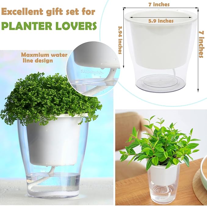 8-Pack 5.1 Inches Clear Self-Watering Planters Medium African Violet Pots Plastic Wick Flower Plant Pots for Indoor Plants, Spider Plant, Orchid Pot, Clear and White