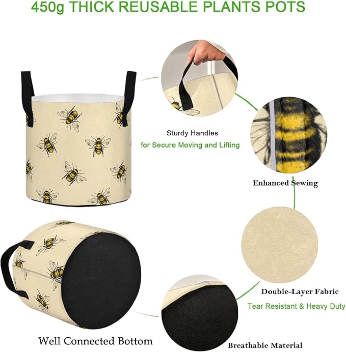7 Gallon Retro Little Bee Pattern Heavy Duty Grow Bag Containers Breathable Planter Pot with Handles for Potato Tomato Fruits Vegetables Flowers