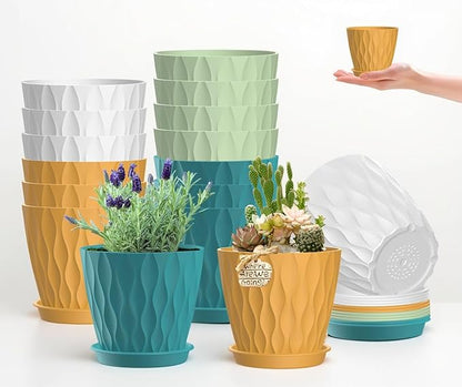16 Pack 4 Inch Plastic Planter Pots with Tray, Heavy Duty Indoor Outdoor Planter Pots with 48 Drainage Holes for Herbs, Succulents, Seedlings, Flowers Durable and Lightweight Multicolour