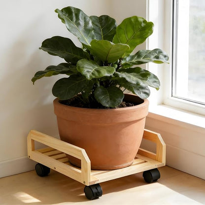 Wood Plant Caddy, Heavy Duty Plant Stand with Lockable Wheels, Rectangular Pot Dolly Flower Mover for Indoor Outdoor, Holds up to 100 Lbs
