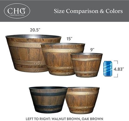 Classic Home and Garden Whiskey Plastic Resin Flower Pot Barrel Planter, Walnut Brown, 20.5" (Pack of 4)