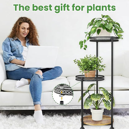 Plant Stand Indoor Outdoor,3 Tier Metal Wood Plant Stand for Multiple Plants,Black Tall Narrow Plants Display Organizer for Corner Living Room Porch Patio Garden Office