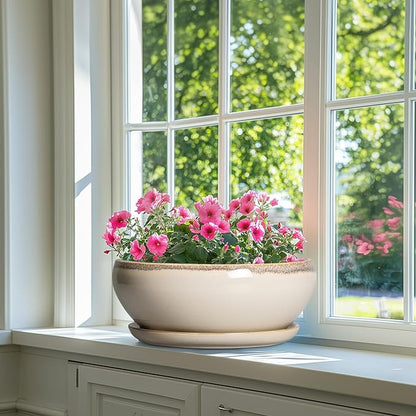 SQOWL Bonsai Pots 12 Inch - Large Ceramic Succulent Planters, Shallow Planter with Drainage Hole and Saucer, Round Bowl Planter for Indoor Outdoor Plants, Home Decor, Plant Lover Gifts, Beige
