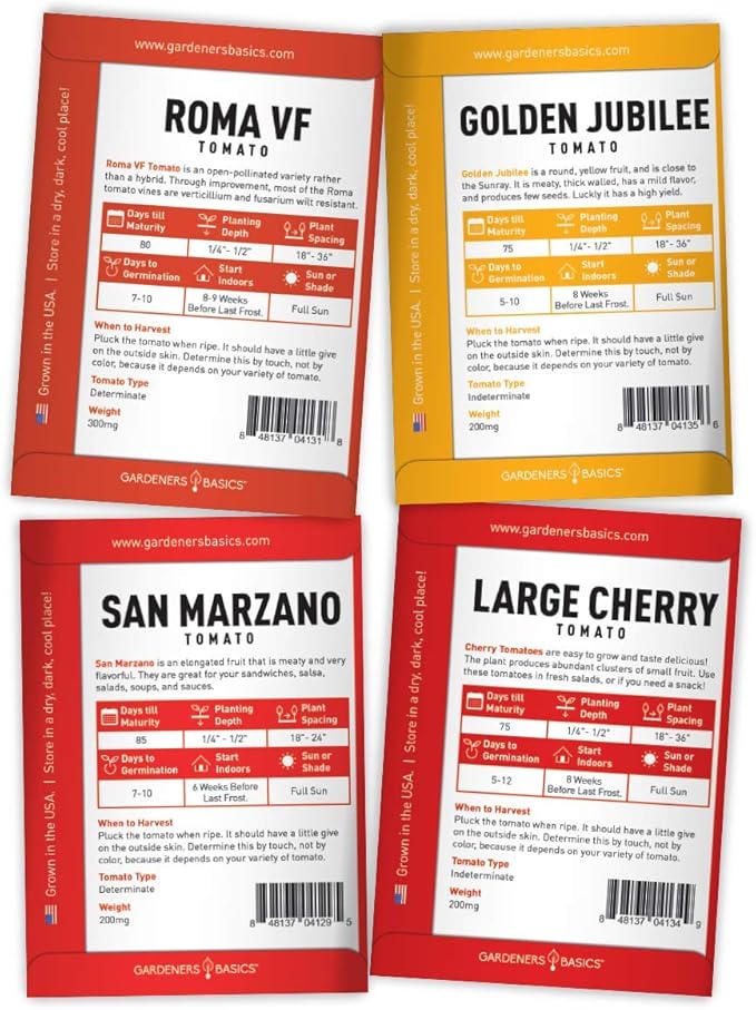 Gardeners Basics, Heirloom Tomatoes for Planting 8 Variety Pack, San Marzano, Roma VF, Large Cherry, Ace 55 VF, Yellow Pear, Tomatillo, Brandywine Pink, Golden Jubilee Tomato Seeds for Garden Non GMO