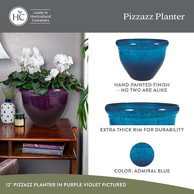 The HC Companies 16 Inch Pizzazz Round Planter Pots with Ceramic Look, Lightweight UV-Resistant Plastic Indoor & Outdoor Planters, 2-Pack Flower Pots for Garden & Home Decor, Admiral Blue