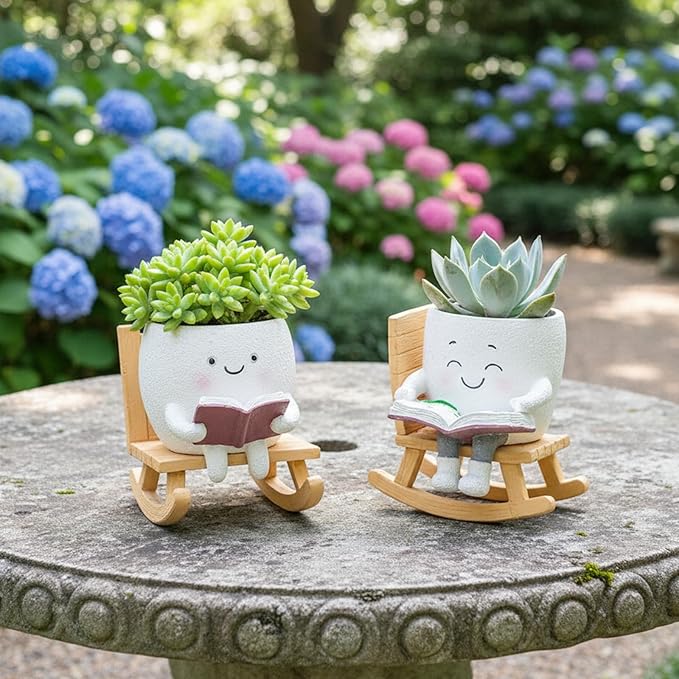 Adorable Smiley Face Reading Flower Pot, Unique Rocking Chair-Style Resin Plant Pot with Drainage Holes, Suitable for Indoor/Outdoor Planting and Home Decor (A)